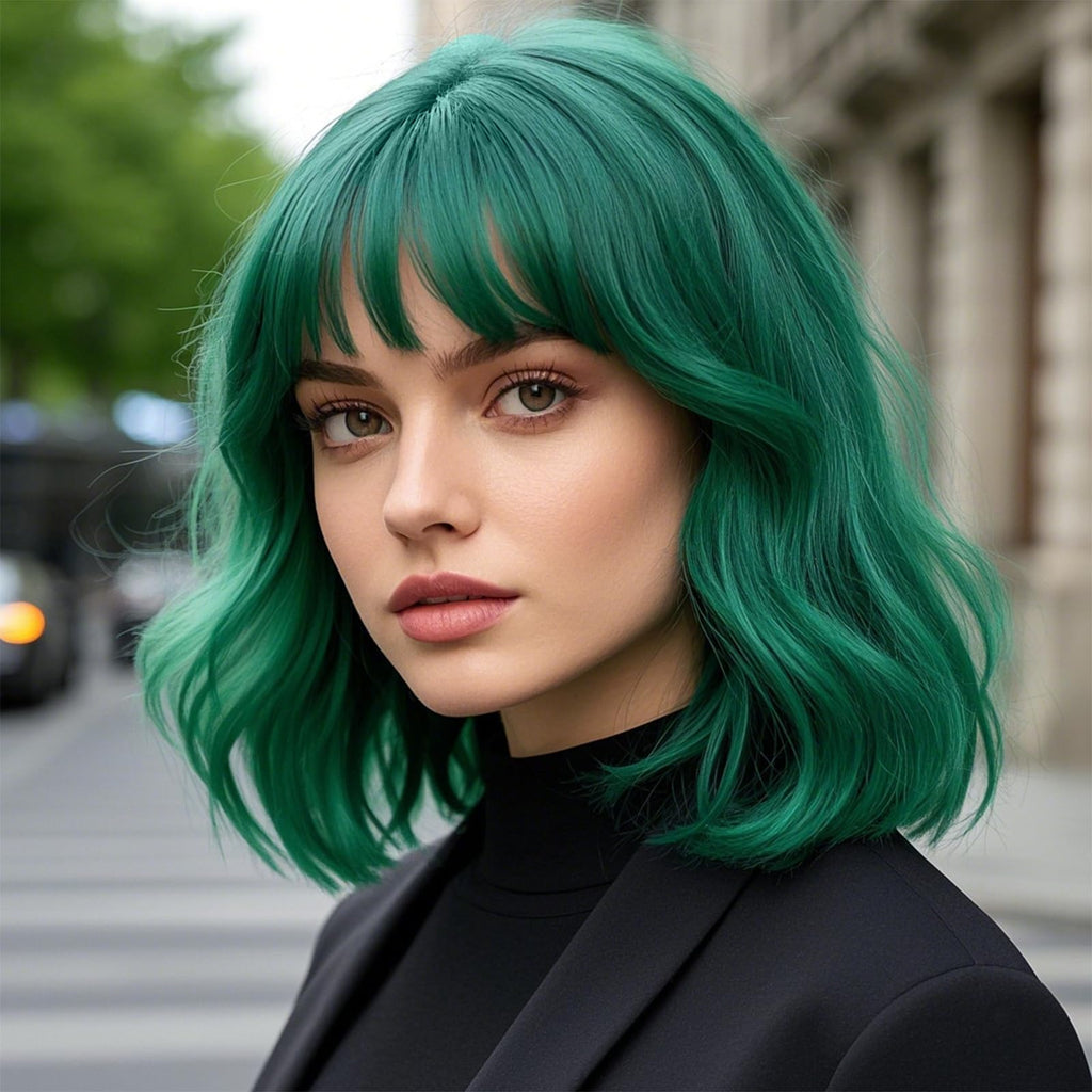 PHOENIXFLY Green Short Wavy Bob Synthetic Wig with Bangs for Women