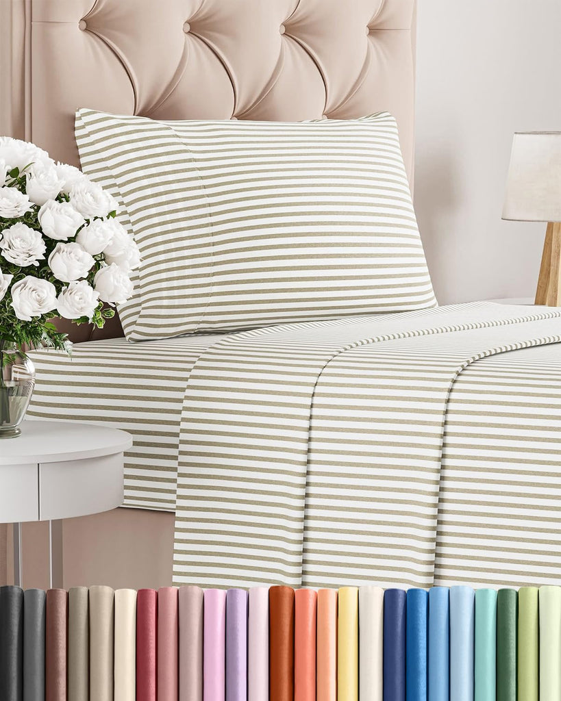 Twin Size 3 Piece Sheet Set - Breathable & Cooling Sheets - Beige Stripes