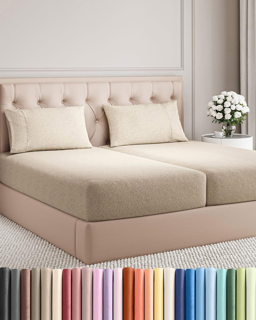 Split King Size 5 Piece Sheet Set - Breathable & Cooling - Heathered Beige