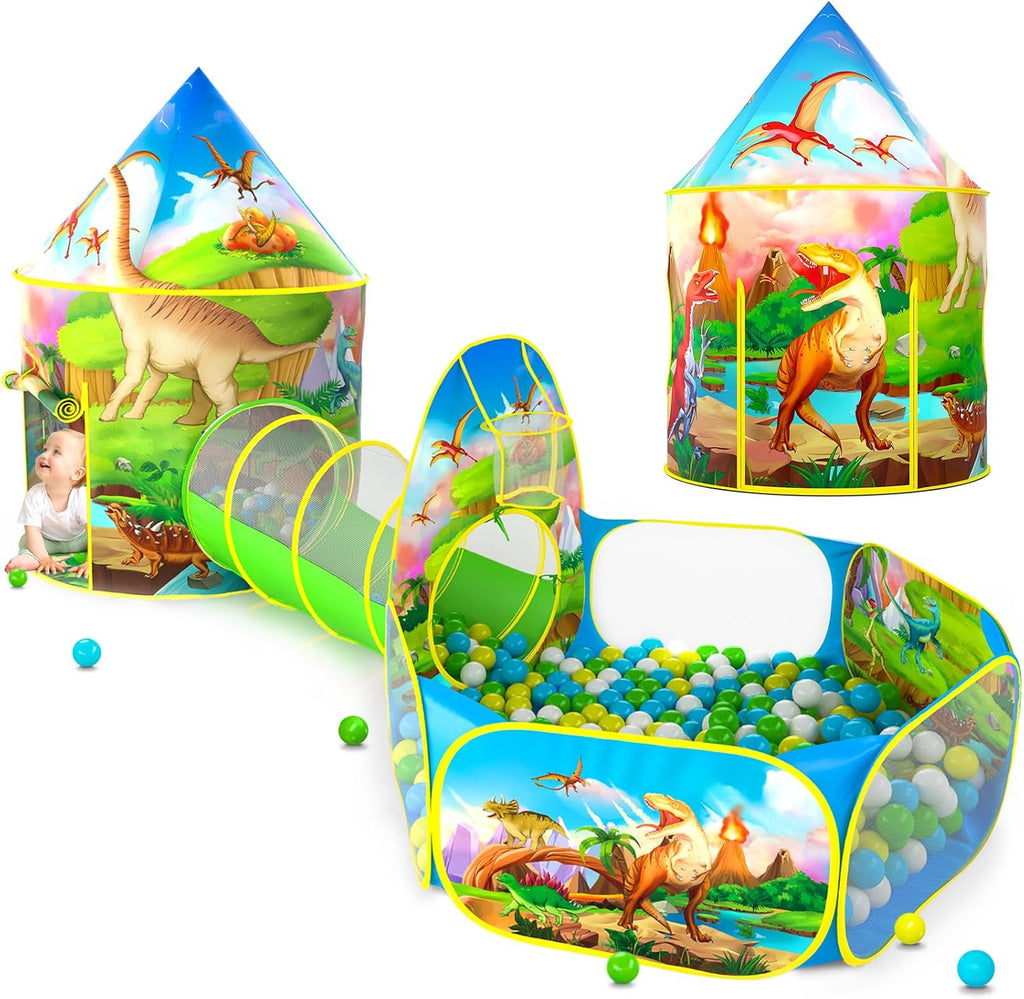 PigPigPen 3pc Dinosaur Play Tent for Kids, Baby Ball Pit, Crawl Tunnel, Castle Tents for Toddlers, Children Indoor & Out