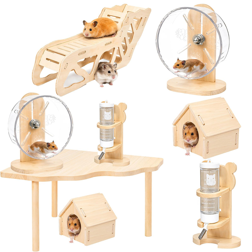 Novabright 5 Pcs Hamster Wooden Platform Set with Hideout Tunnel Running Wheel House & Platform Play Set with Water Bott