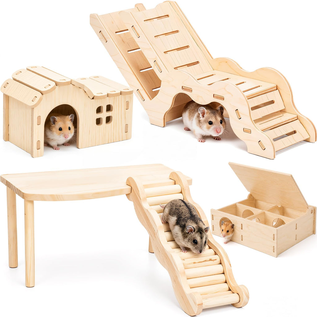Novabright 5 Pcs Hamster Platform Set Including Wooden Hideout Tunnel Toy Multi Chamber Secret Climbing Ladder Bridge Wooden House Cage Accessories for Small Animal Gerbils Dwarf Syrian