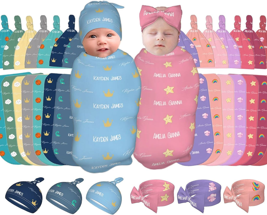 WAJL POD Personalized Baby Swaddle and Hat Headband for Girls and Boys with Name - Custom Baby Blankets for Girls and Bo