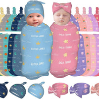 WAJL POD Personalized Baby Swaddle and Hat Headband for Girls and Boys with Name - Custom Baby Blankets for Girls and Bo