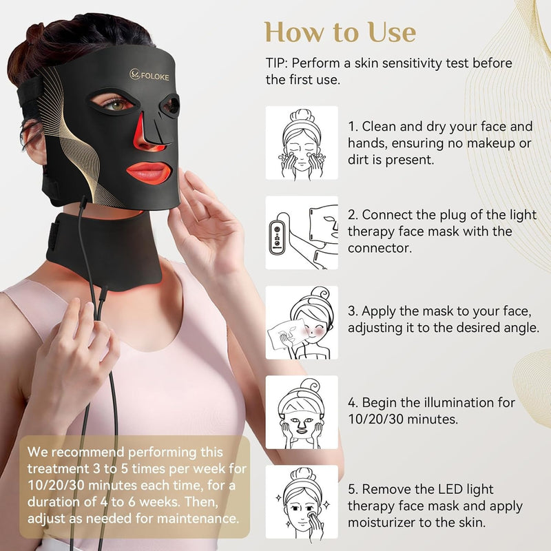 FOLOKE Terapia de luz roja para cara, máscara de terapia de luz LED, máscara y cuello, terapia de luz LED roja y NIR, longitud de onda para uso doméstico, trabajo, viajes, yoga, sueño