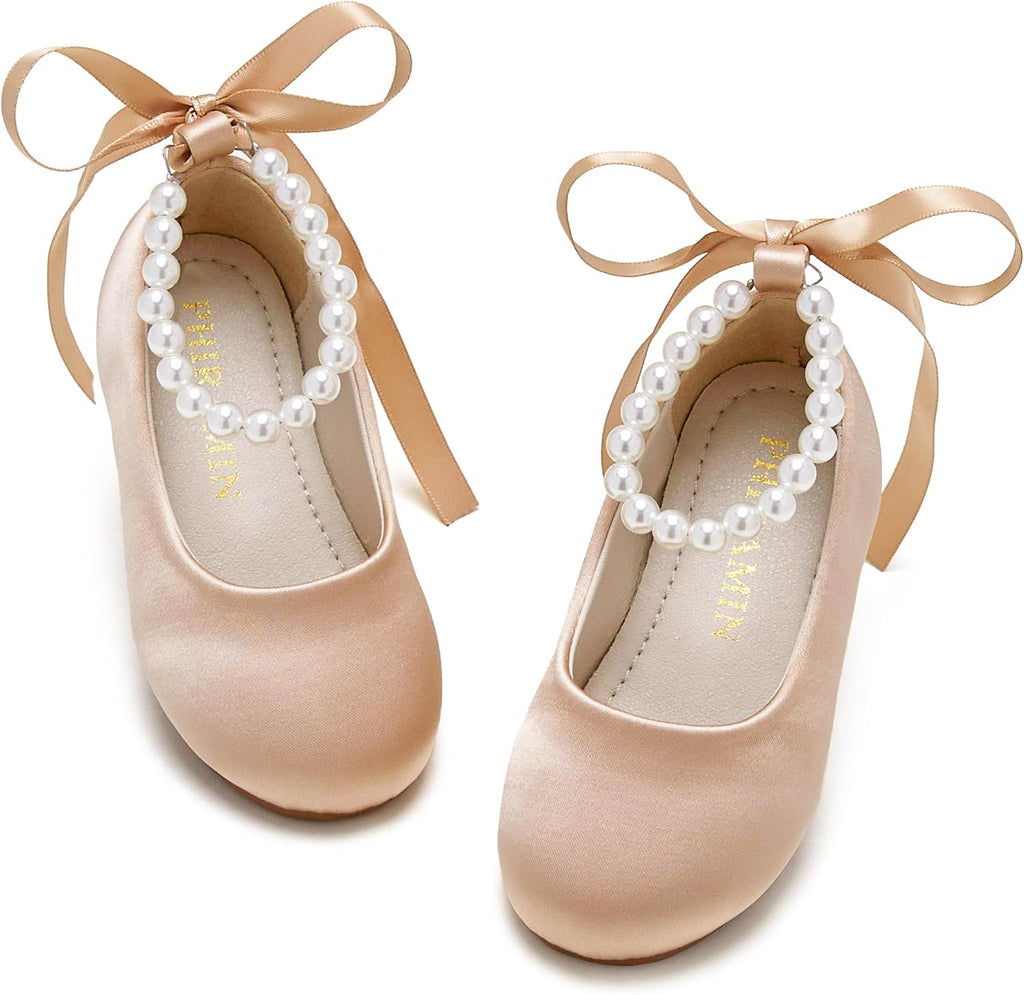 PHIRAMIN Toddler Flower Girl Satin Dark Nude Dress Shoes - Little Girl Ballet Flats Size 11 Pearl Wedding Party