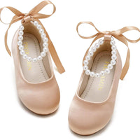 PHIRAMIN Toddler Flower Girl Satin Dark Nude Dress Shoes - Little Girl Ballet Flats Size 11 Pearl Wedding Party