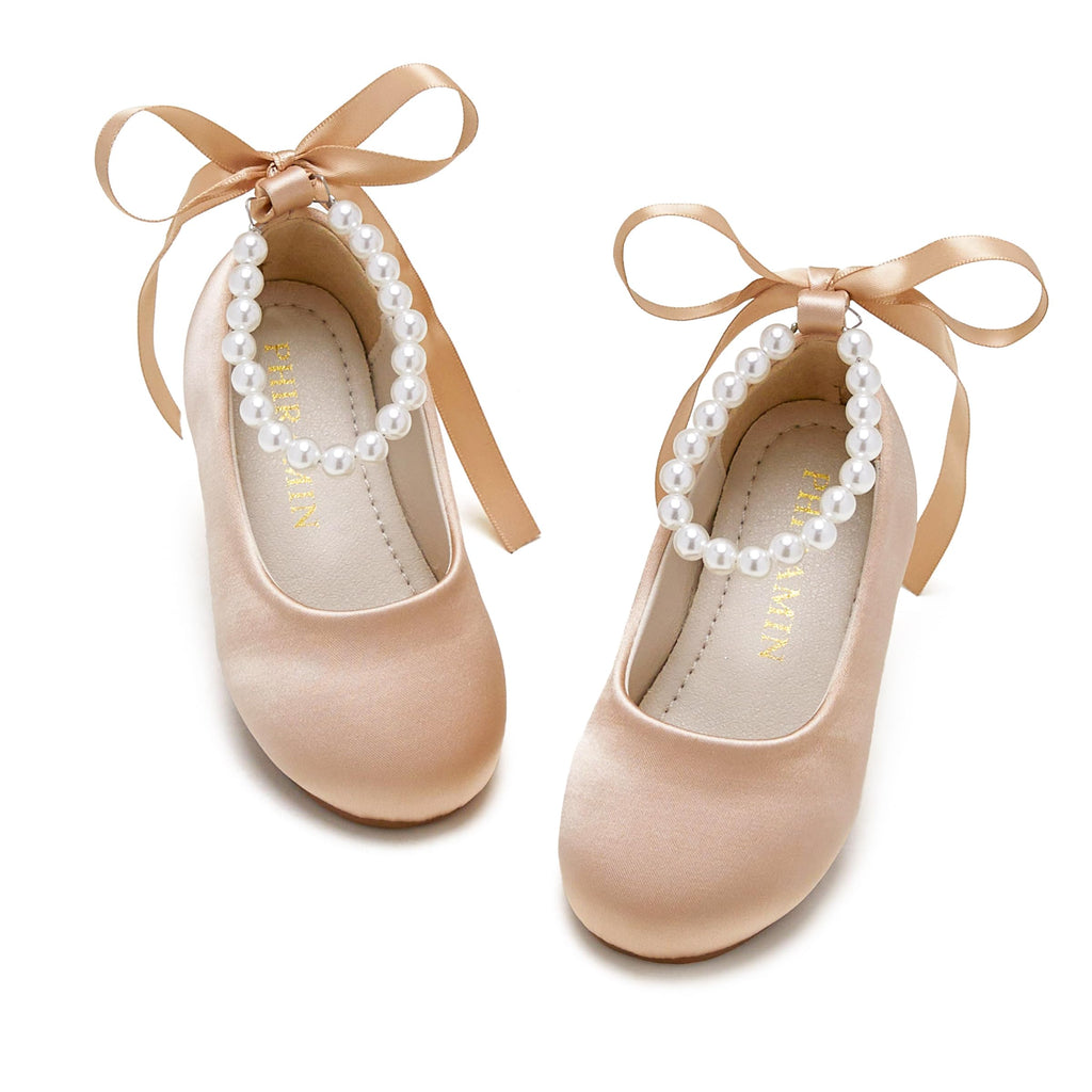 PHIRAMIN Toddler Flower Girl Satin Dark Nude Dress Shoes - Little Girl Ballet Flats Size 12 Pearl Wedding Party
