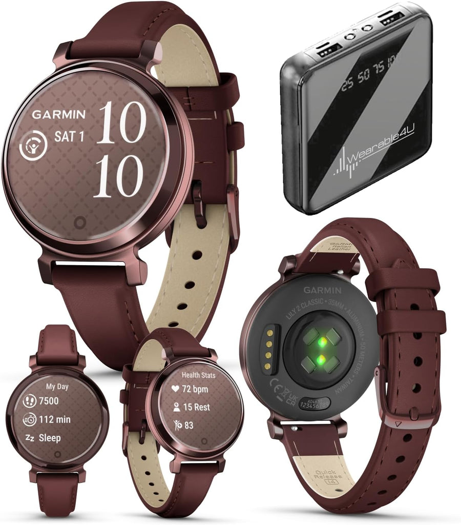 Wearable4U Garmin Lily 2 Classic - Dark Bronze with Mulberry Leather Band: Women Smartwatch w/contactless payments | Up to 5 Days Battery Life, Health & Fitness Tracker. 010-02839-03 Gift Bundle
