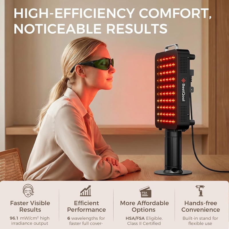 BestQool Panel de terapia de luz roja, terapia de luz infrarroja de 6 longitudes de onda con soporte, FSA-HSA Elite Grade 60 LED terapia de luz roja de doble chip para cuerpo, cara, lámpara de luz inf
