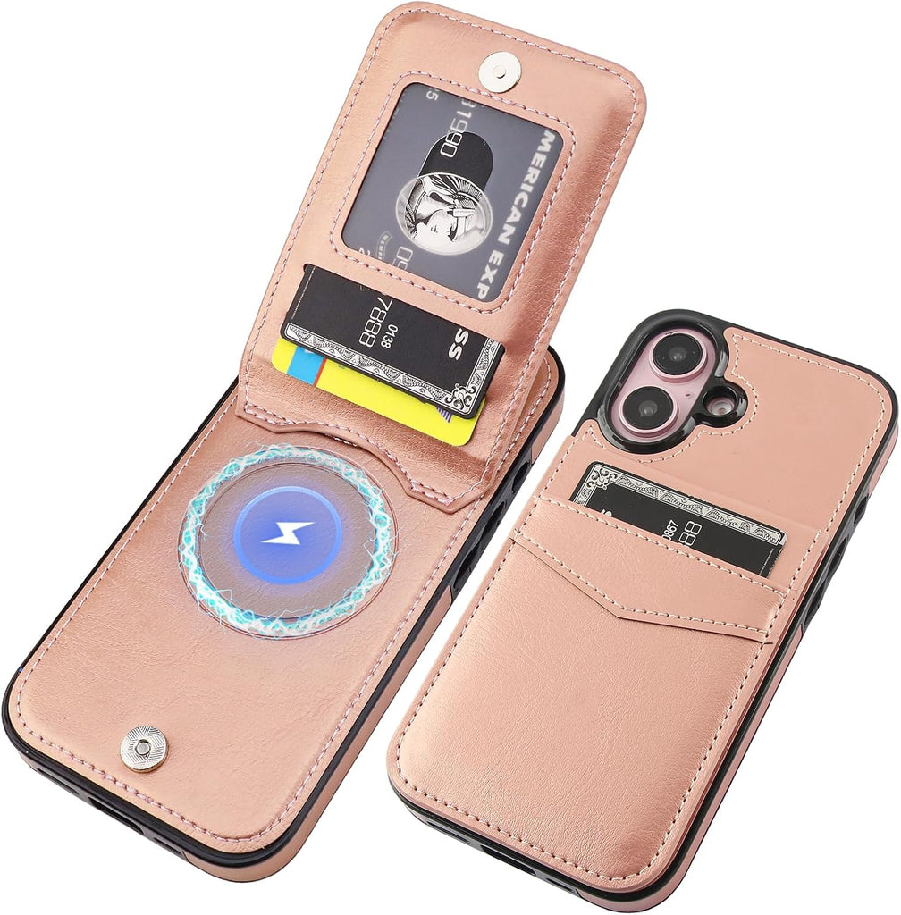 KIHUWEY for iPhone 16 Wallet Case Card Holder for MagSafe, Rose Gold