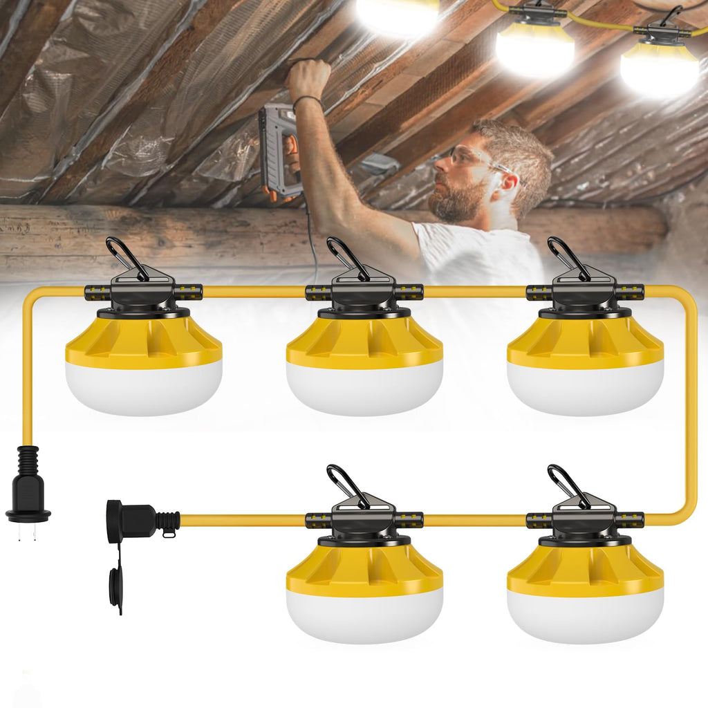 Pvilub 50FT Construction String Lights: 50W String Work Lights with 5 Bulbs & Hooks, IP65 Temporary Construction Lightin