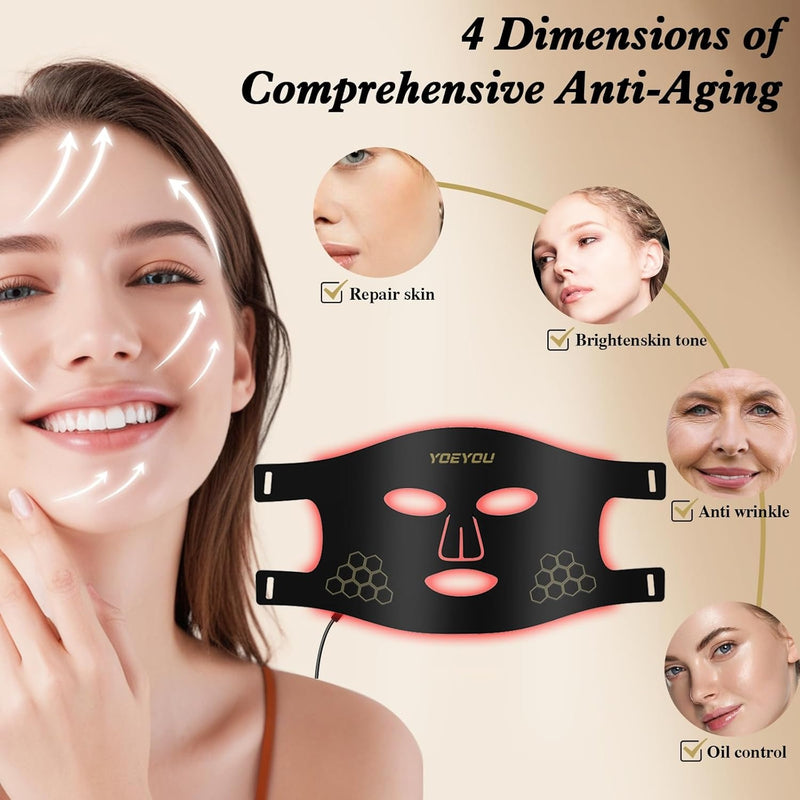 Visita la tienda de YOEYOU Terapia de luz roja para cara, máscara facial LED infrarroja, terapia de luz, 4 ondas de luz con 850 nm de infrarrojo cercano, máscara de terapia de luz roja recargable port