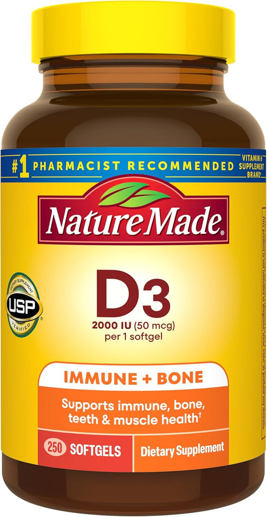 Nature Made Vitamin D3 2000 IU (50 mcg), 250 Vitamin D Softgels - 250 Count (Pack of 1)