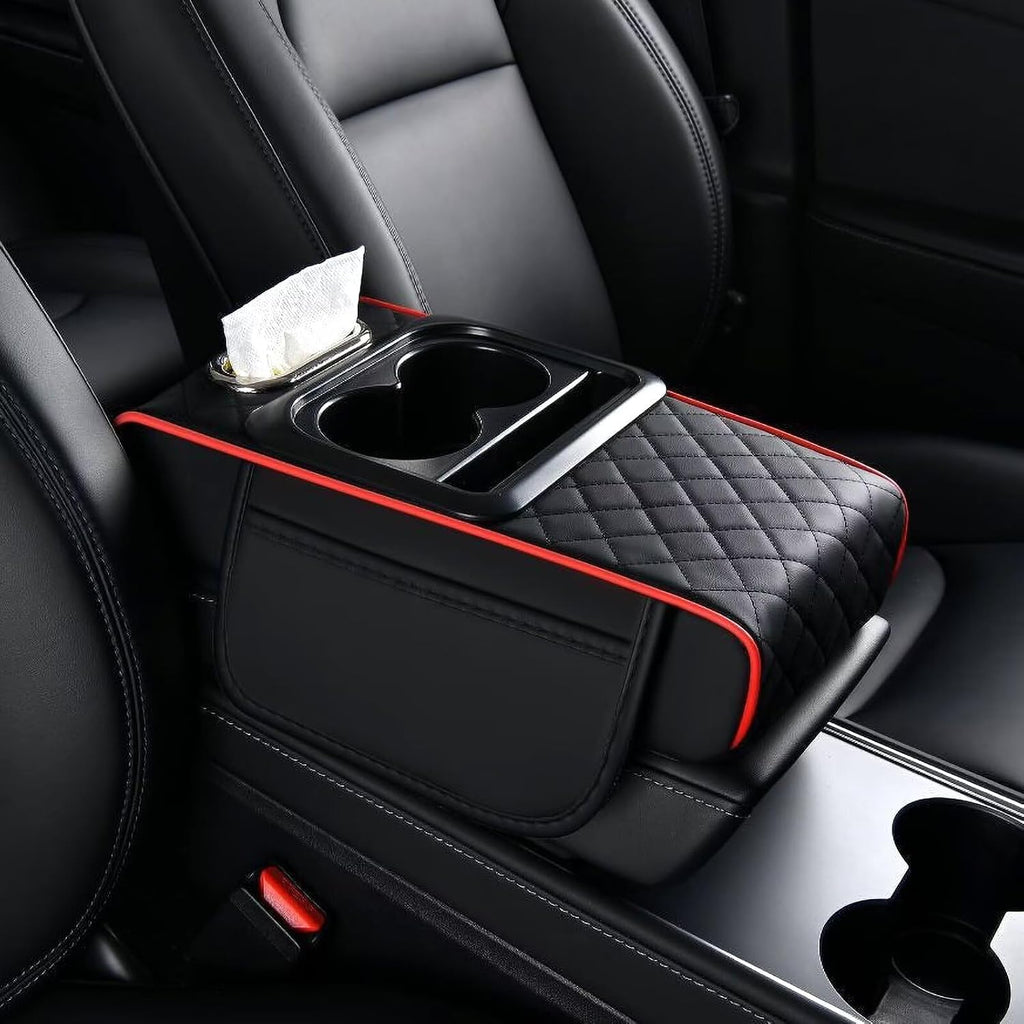 BNMFFYU Car Armrest Cushion Fit for Kicks: Fuax Leather Center Console Cover with Cup Holder, 2 Storage Bags, Phone Slot