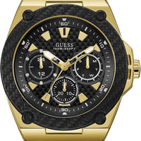 GUESS Comfortable Black Stain Resistant Silicone Watch with Gold-Tone Day, Date + 24 Hour Military/Int'l Time. Color: Black (Model: U1049G5)