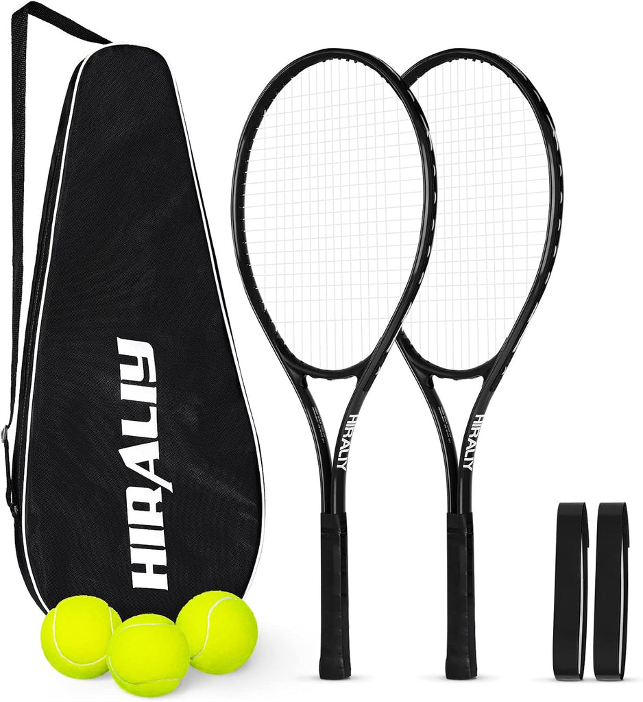 HIRALIY 27-Inch Tennis Rackets, 2 Pack with Balls, Overgrips and Bag, Black