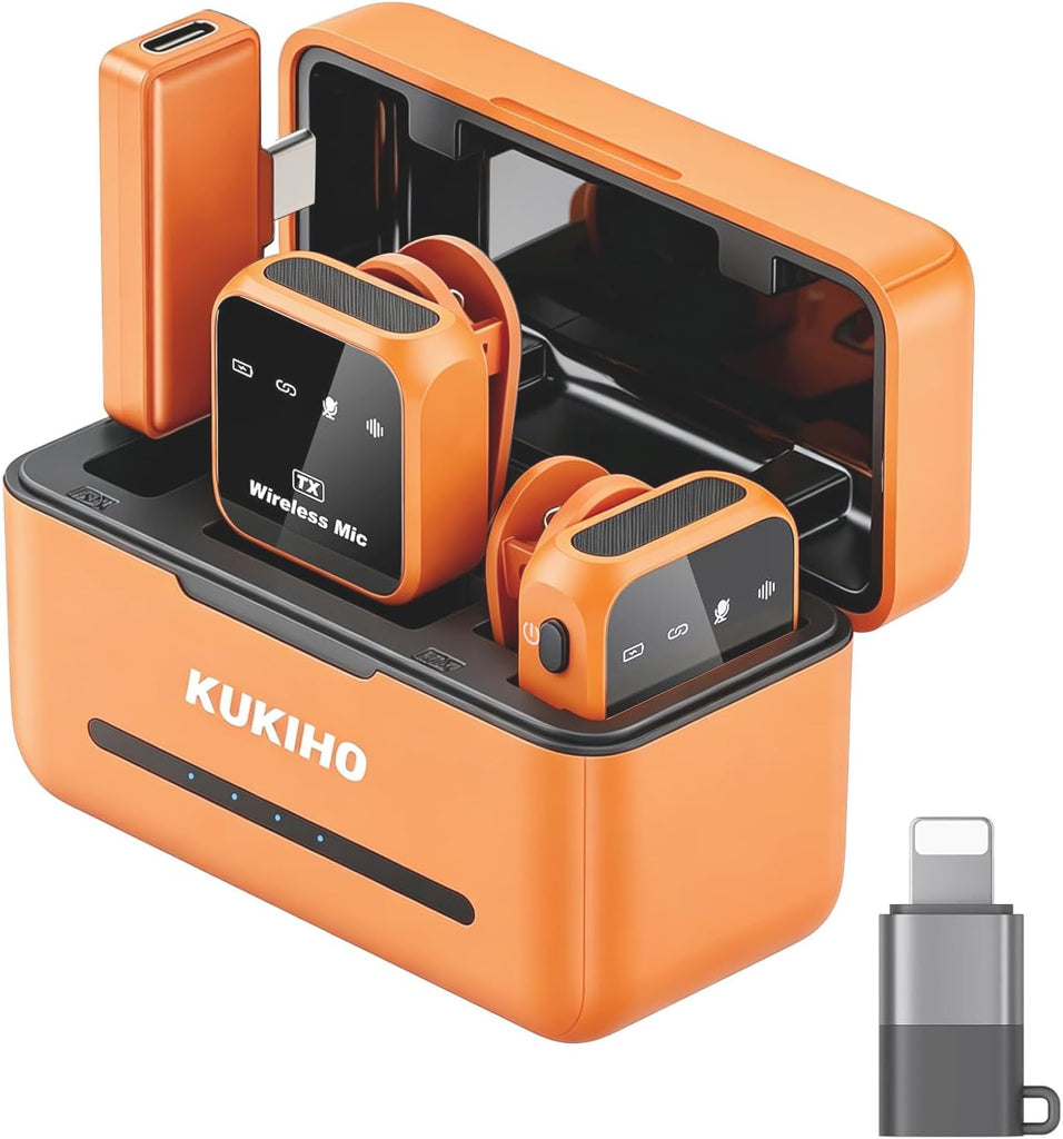 KUKIHO Wireless Lavalier Microphone for iPhone iPad Android with Charging Case 80h Battery Life, Noise Cancellation, 164
