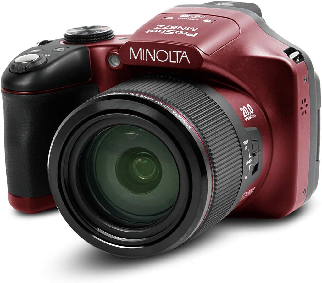 Minolta Pro Shot 20 Mega Pixel HD Digital Camera with 67x Optical Zoom, Full 1080p HD Video & 16GB SD Card (Red) (Renewe
