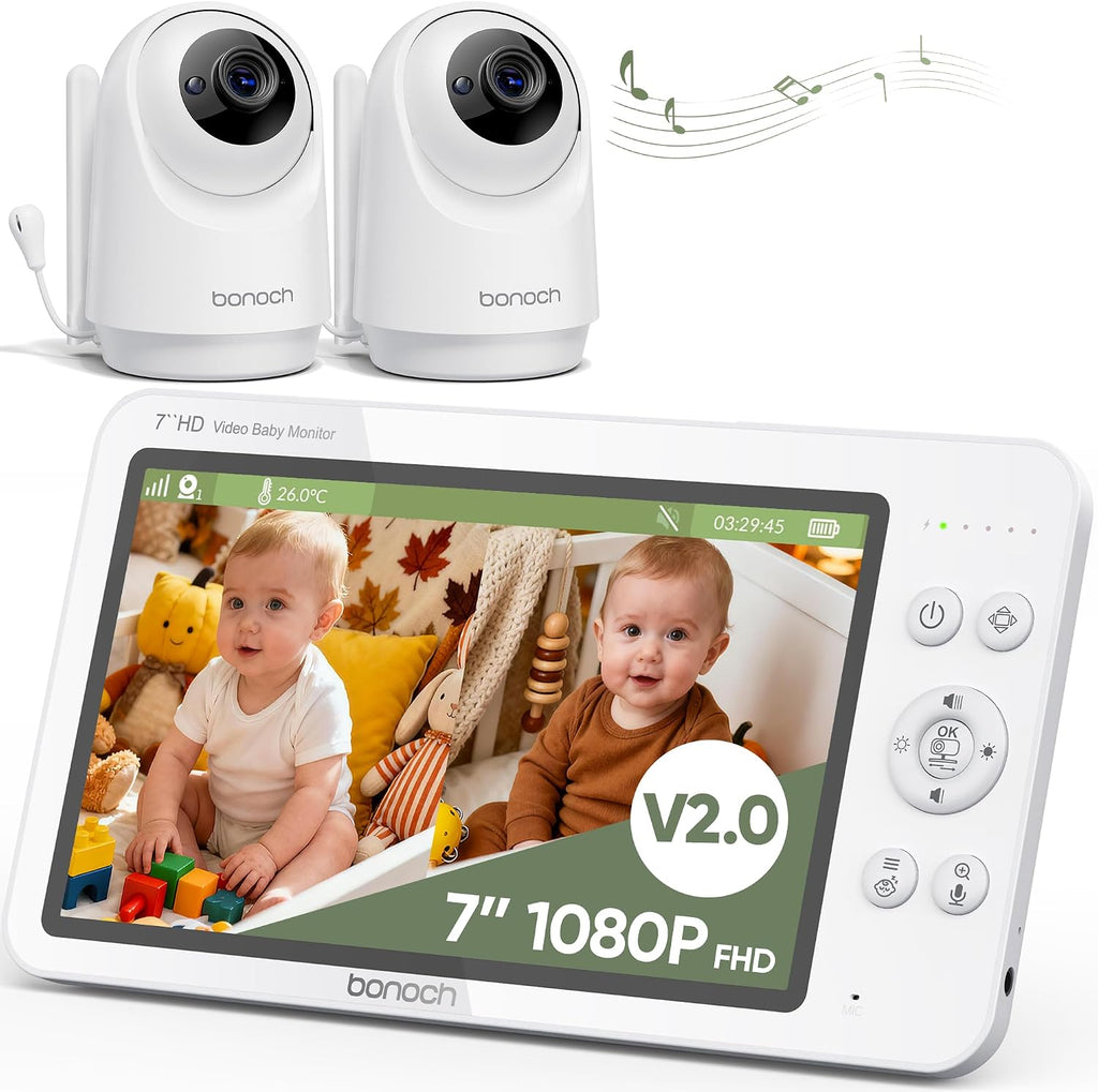 bonoch V2.0 1080P Baby Monitor with 2 Cameras, 7" Split Screen No WiFi