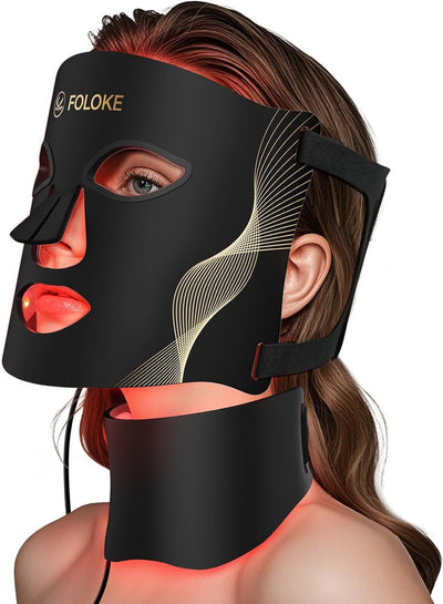 FOLOKE Terapia de luz roja para cara, máscara de terapia de luz LED, máscara y cuello, terapia de luz LED roja y NIR, longitud de onda para uso doméstico, trabajo, viajes, yoga, sueño