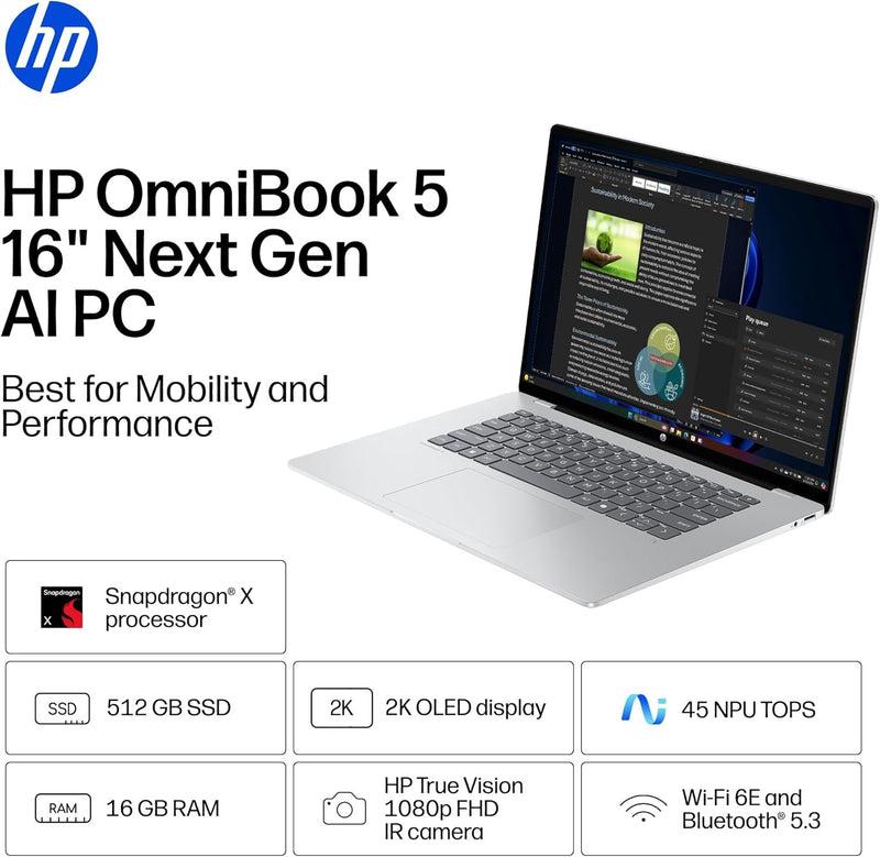 HP OmniBook 5 16 inch Next Gen AI PC, 2K Display, Snapdragon X X1-26-100, 16 GB RAM, 512 GB SSD, Qualcomm Adreno GPU, Windows 11 Home, Glacier Silver, 16-fb0299nr