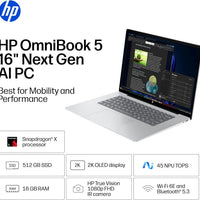 HP OmniBook 5 16 inch Next Gen AI PC, 2K Display, Snapdragon X X1-26-100, 16 GB RAM, 512 GB SSD, Qualcomm Adreno GPU, Windows 11 Home, Glacier Silver, 16-fb0299nr