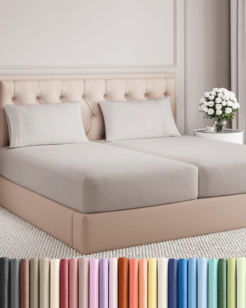 Split King Size 5 Piece Sheet Set - Comfy Breathable & Cooling - Light Grey