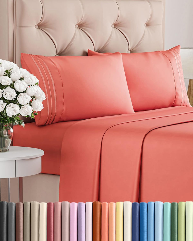 Queen Size 4 Piece Sheet Set - Comfy Breathable & Cooling Sheets - Coral
