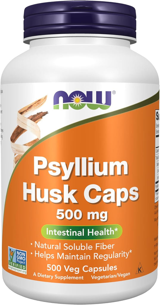 NOW Foods Supplements, Psyllium Husk Caps 500 mg, Non-GMO Project Verified, Natural Soluble Fiber, Intestinal Health*, 500 Veg Capsules - 200 Count (Pack of 1)