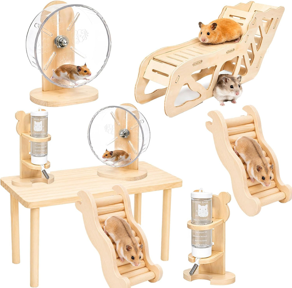Novabright 5 Pcs Hamster Wooden Cage Accessories Platform Set Hideout Tunnel Hamster Climbing Ladder with Exercise Runni