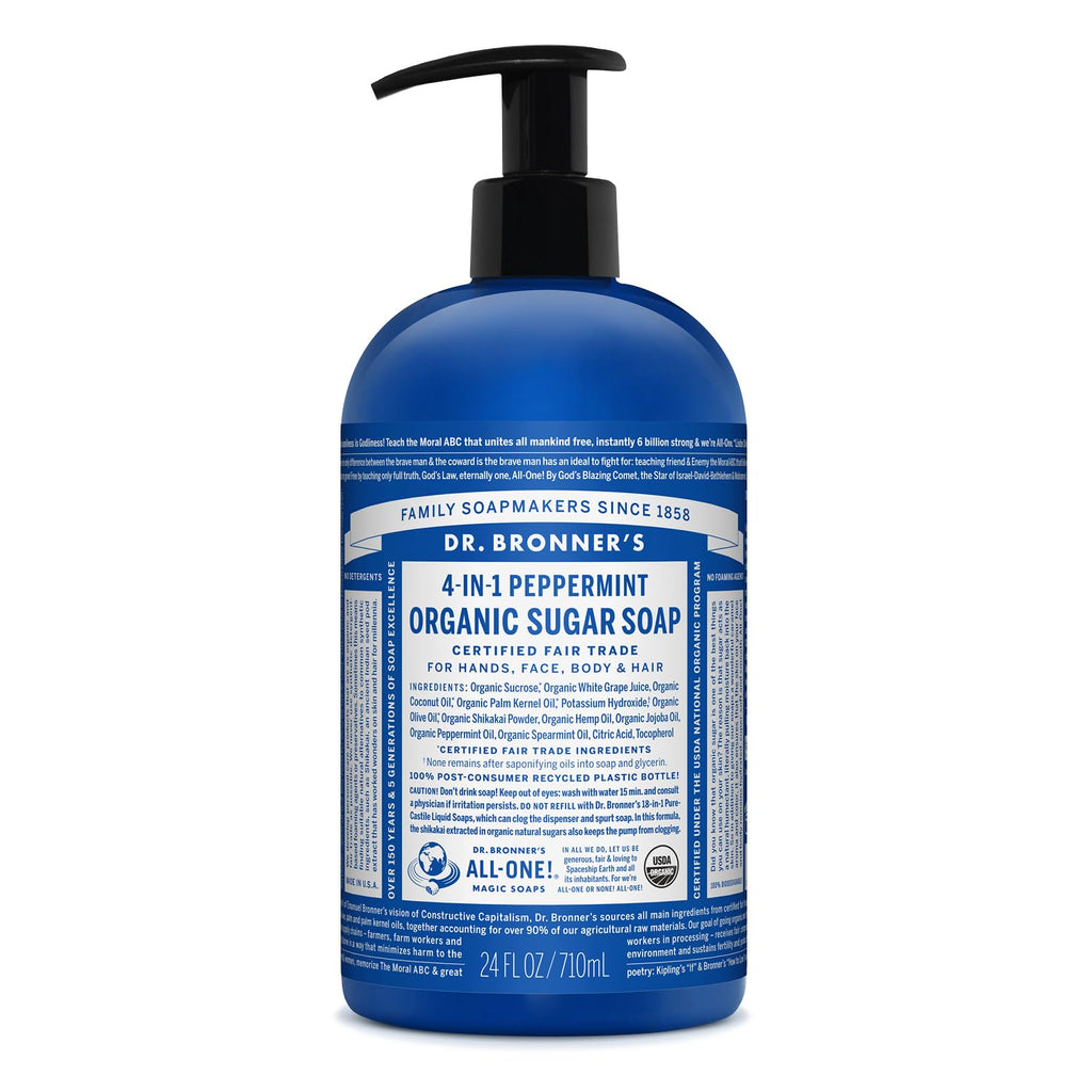 Dr. Bronner's - Organic Sugar Soap (Peppermint, 24 Ounce) - Made with Organic Oils, Sugar & Shikakai Powder, 4-in-1 Uses