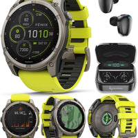 Wearable4U Garmin Fenix 8 – 51 mm, Solar, Sapphire Amp Yellow/Graphite Silicone GPS Smartwatch Black Earbuds Bundle
