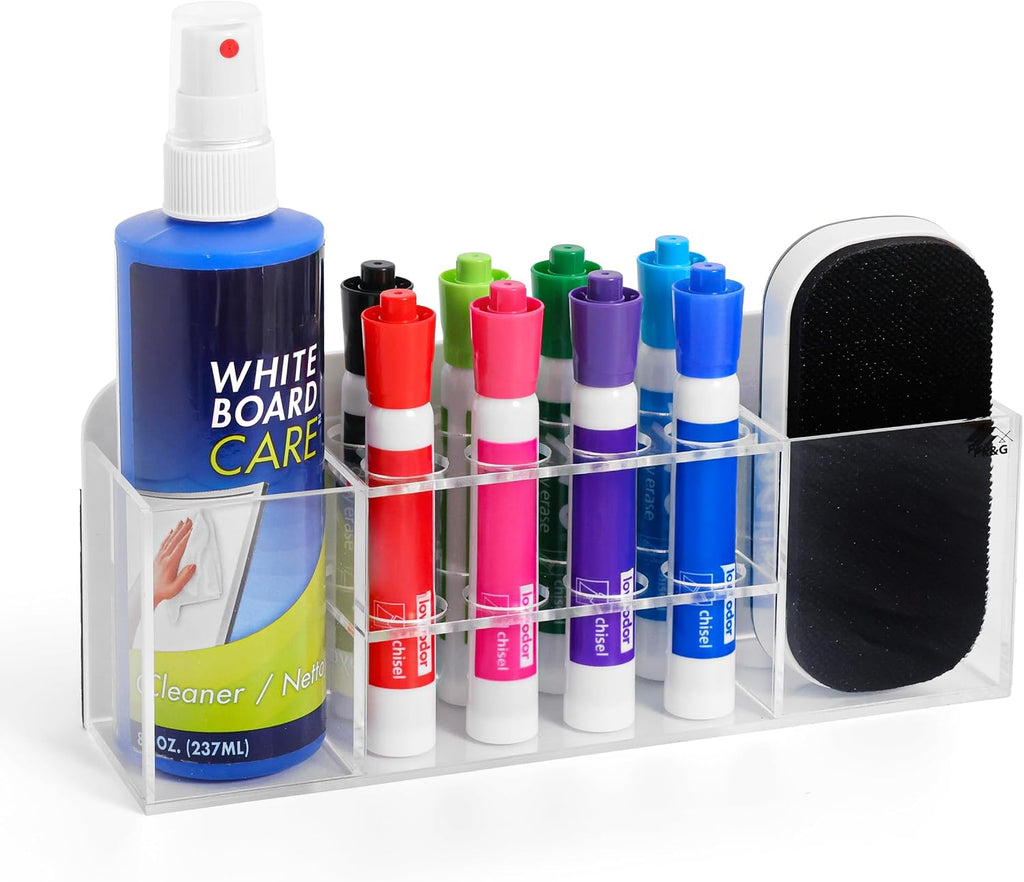 Strong magnetic dry-erase whiteboard holder, 8-slot acrylic pen organizer with glass and wall mounting hardware for refr