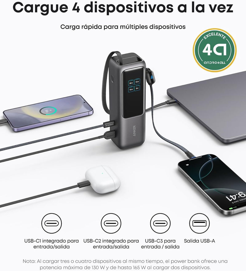 Anker Laptop Power Bank,25,000mAh Portable Charger with 165W Total Output,3 USB-C Ports (100W Max Each),Built-in Retractable Cables,Flight-Ready,for iPhone 17/16 Series,MacBook,Samsung,and More
