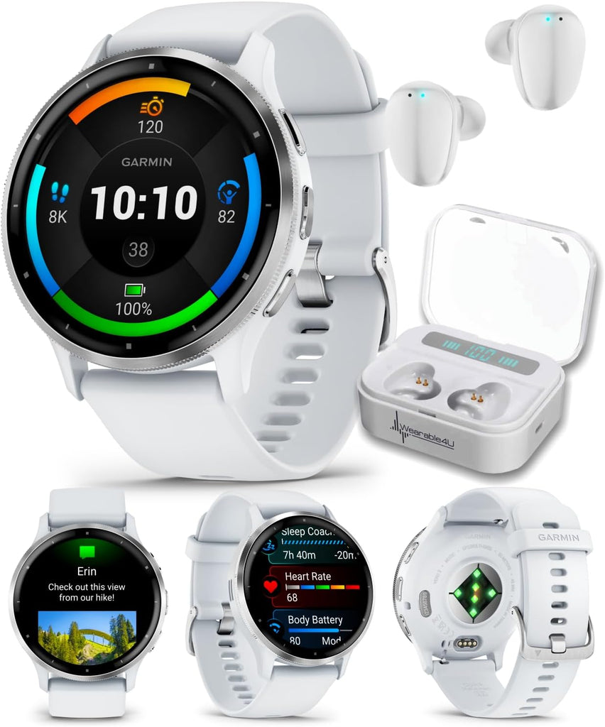 Wearable4U - Garmin Venu 3 GPS Smartwatch AMOLED Display 45 mm Watch, Advanced Health and Fitness Features, Up to 14 Days of Battery, Wheelchair Mode, Whitestone with White Earbuds Bundle
