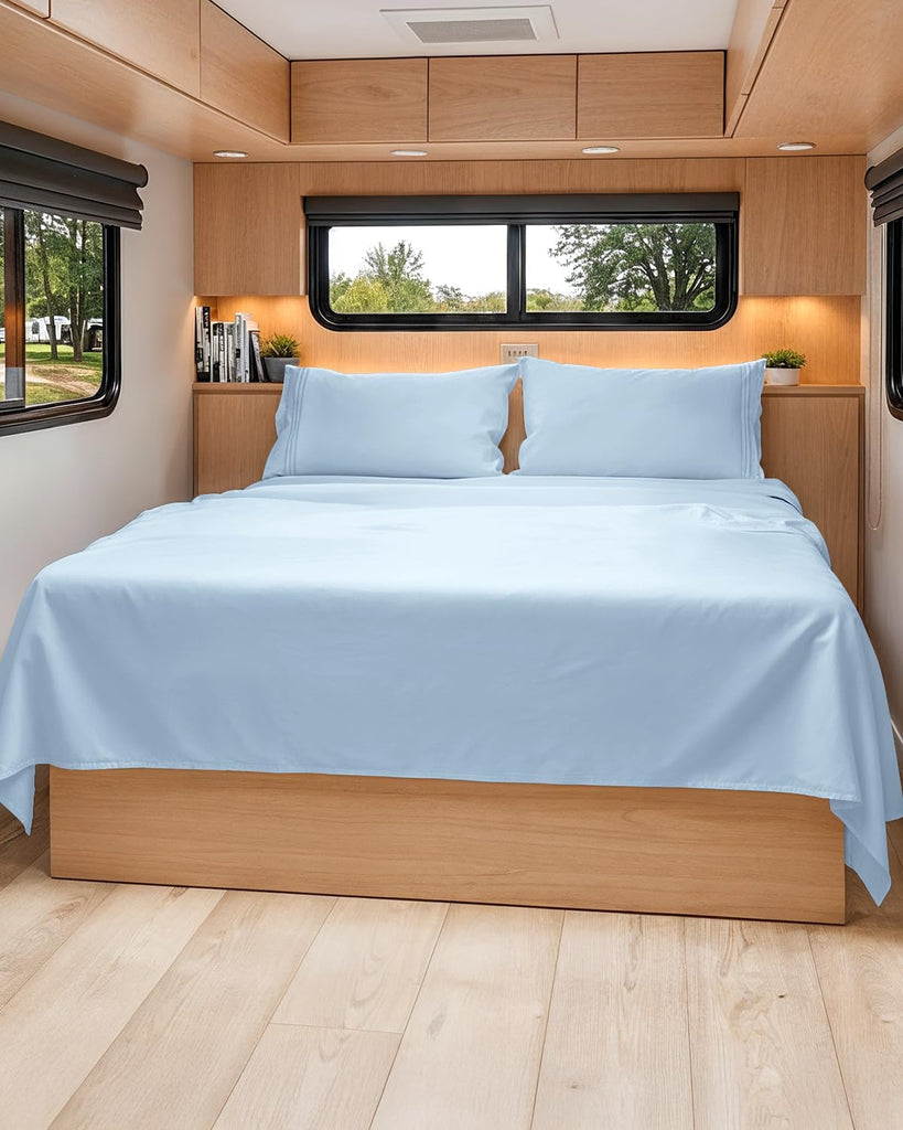 Short Queen Size 4 Piece Bed Sheet Set - RV Short Queen Sheets - Light Blue