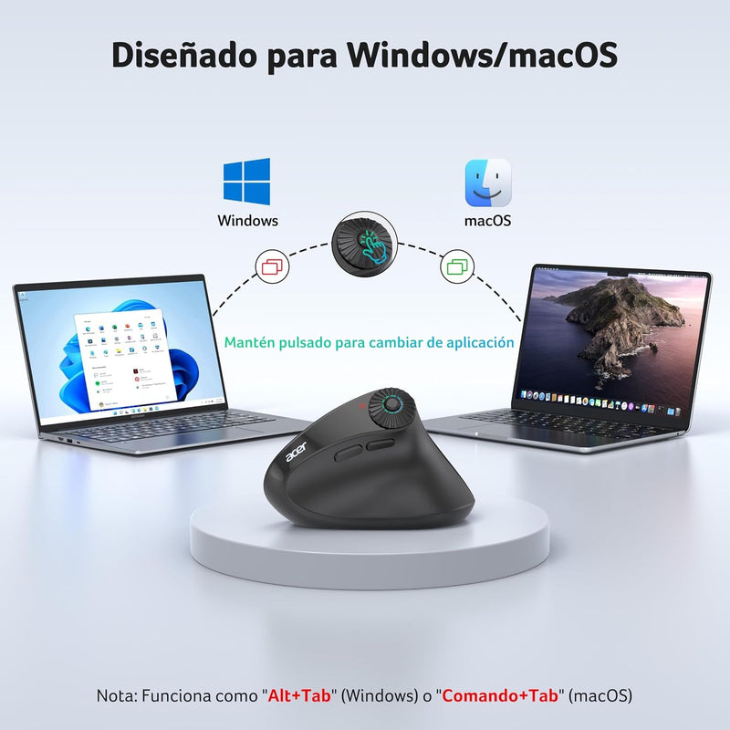 Acer Ergonomic Mouse Wireless with Side Scroll, Bluetooth Mouse for Laptop