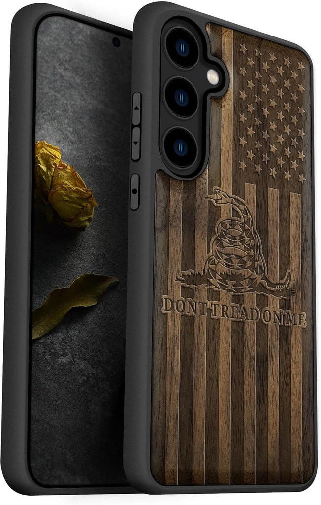 Carveit Wood Case for Galaxy S24 Plus, Gadsden and American Flag, Walnut