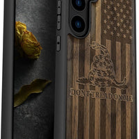 Carveit Wood Case for Galaxy S24 Plus, Gadsden and American Flag, Walnut