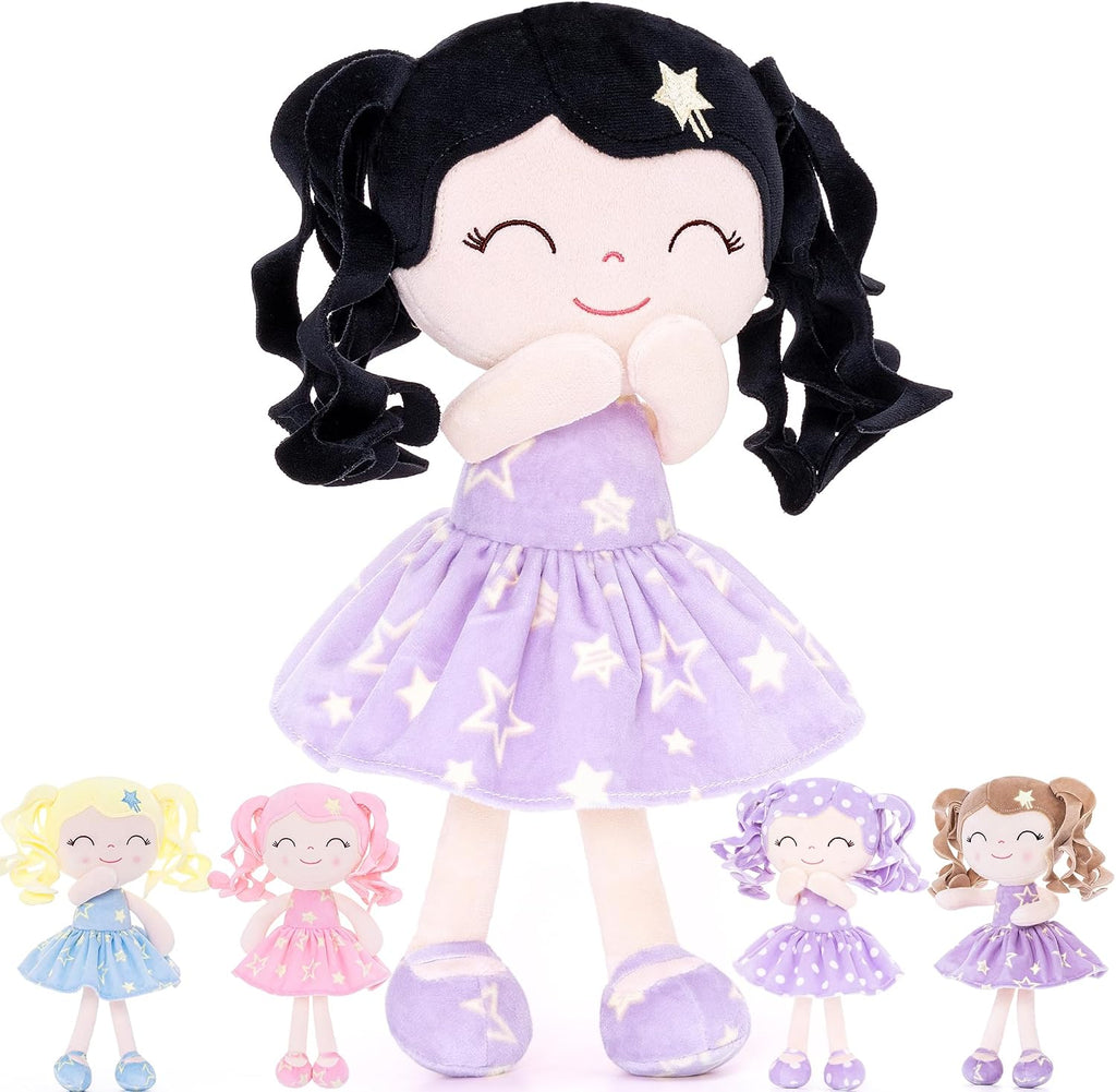 Gloveleya Baby Dolls Soft Snuggly First Baby Girl Gifts Soft Doll for Dark Hair Girls with Star Printed Purple Dress 12i