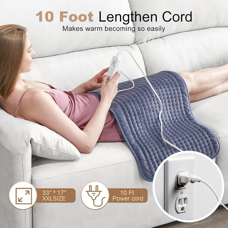 VAAGHANM Almohadilla calefactora: 33 x 17 pulgadas almohadilla térmica eléctrica para espalda - Almohadilla térmica extra grande para hombro/cuello/rodilla/brazos - Temporizador mejorado de 6 y 6