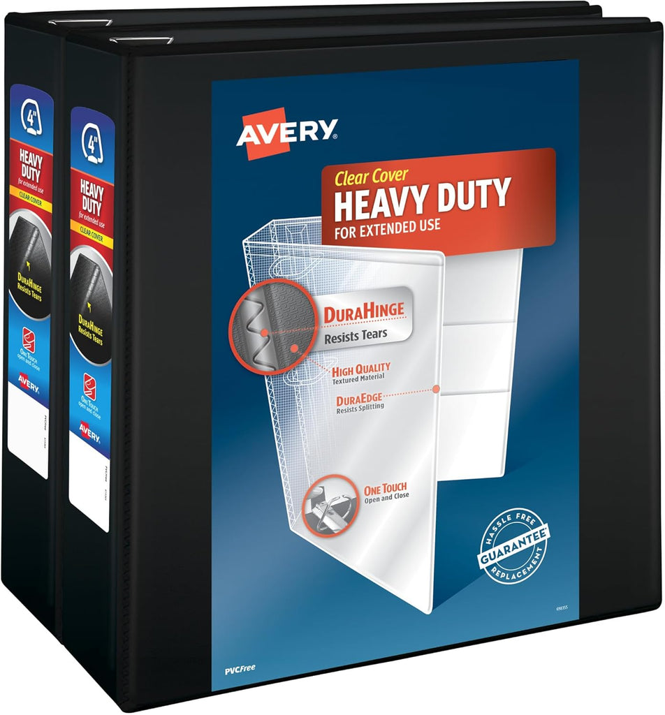 Avery Heavy-Duty View 3 Ring Binder, 4" One Touch Slant Rings, Holds 8.5" x 11" Paper, 2 Black Binders (79874)