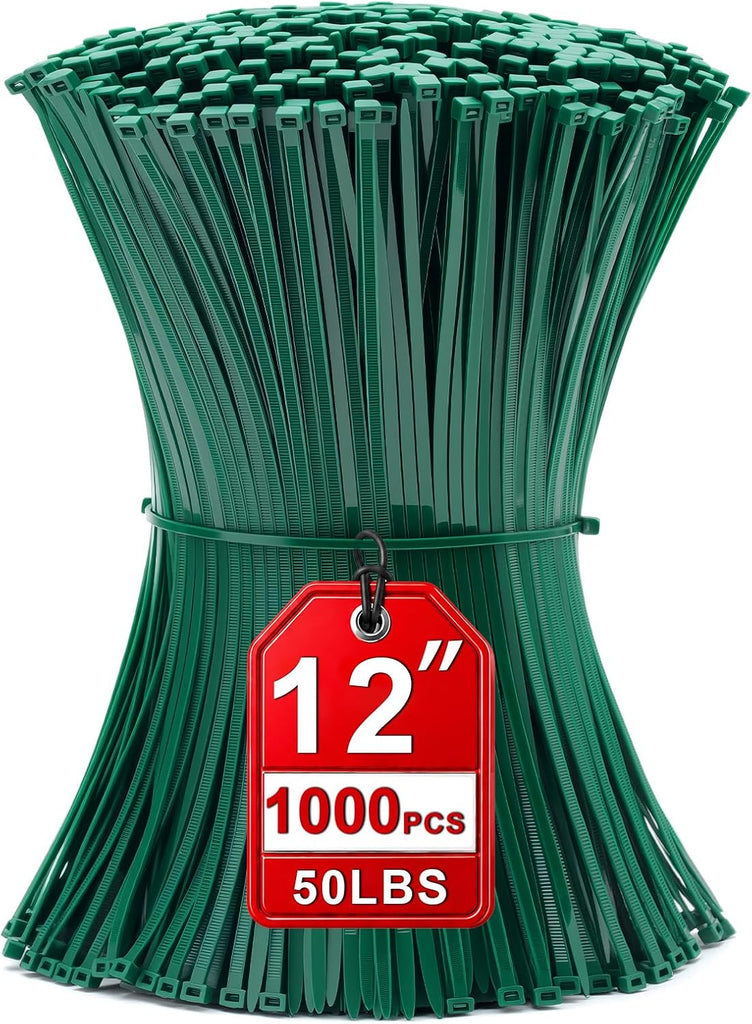 Zip Ties 12 inch, 1000 Pack Green Zip Ties,Green Cable Ties Self-Locking Nylon Cable Ties with 50 lb Tensile Strength,Wi