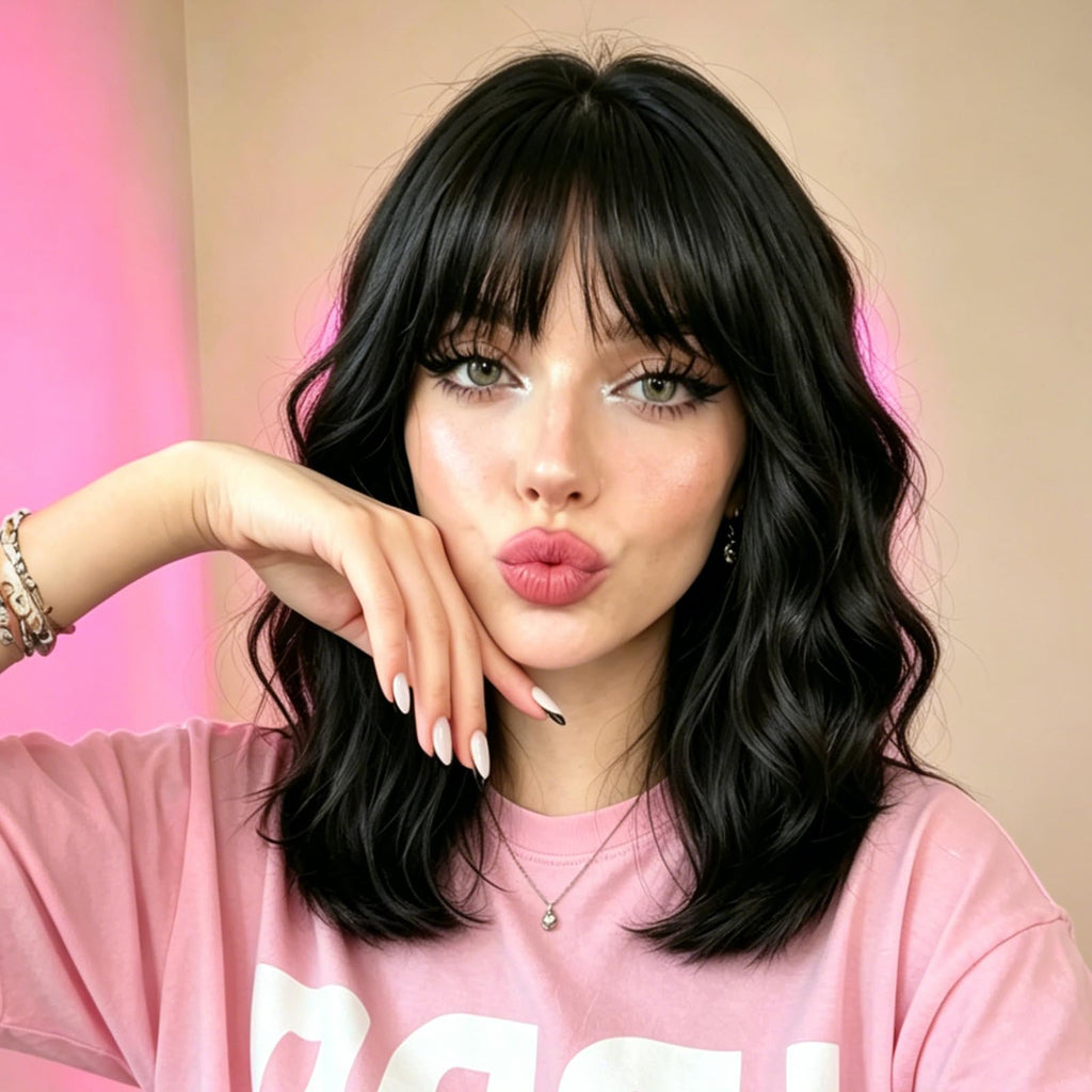 PHOENIXFLY Natural Black Short Wavy Bob Synthetic Wig with Bangs for Women