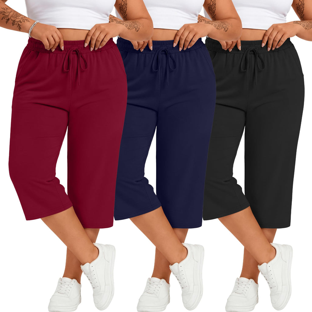 Neer 3 Pack Women's Plus Size Cotton Capris, 3-Color, 3X-Large