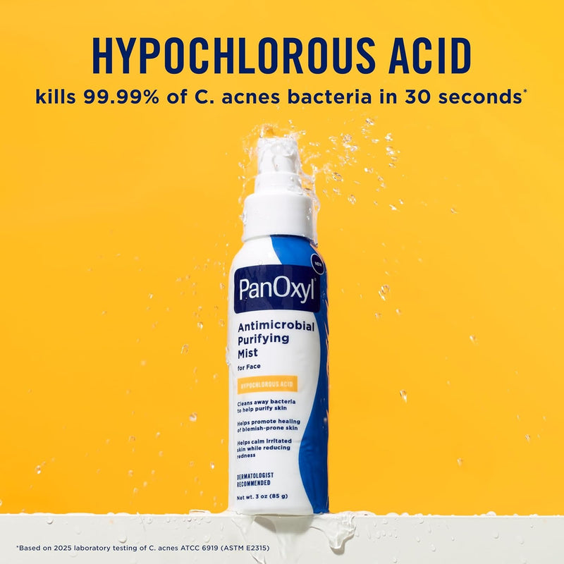 PanOxyl Niebla purificadora antimicrobiana, ácido hipocloroso, spray aclarador para la cara, ayuda a matar bacterias, purificar la piel, calmar el enrojecimiento, pH equilibrado, hipoalergénico, suave