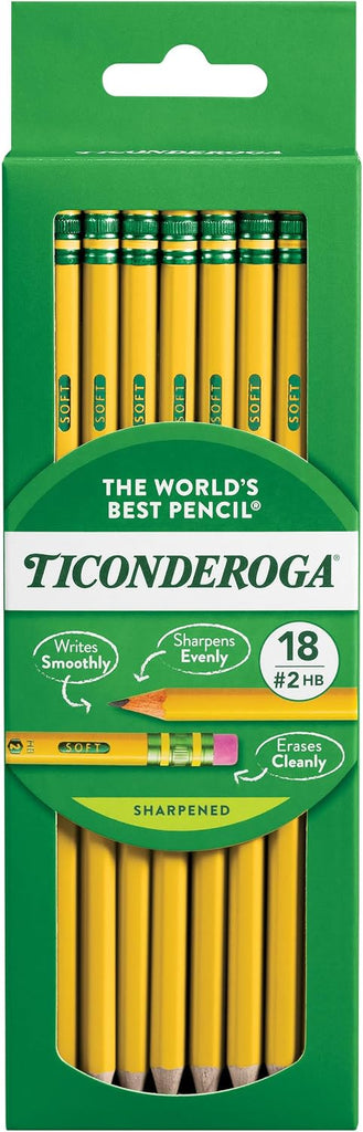 Ticonderoga Wood-Cased Pencils, Pre-Sharpened, 2 HB Soft, Yellow, 6 Boxes of 18 Count, 108 Pencils Total