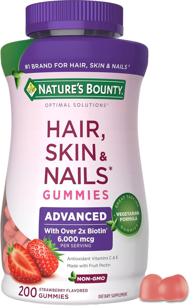 Nature’s Bounty Soluciones óptimas Gomitas de pectina avanzadas para cabello, piel y uñas, 2x biotina por porción, gomitas sin pegajosidad, fórmula vegetariana, sabor a fresa, 200 unidades, 100