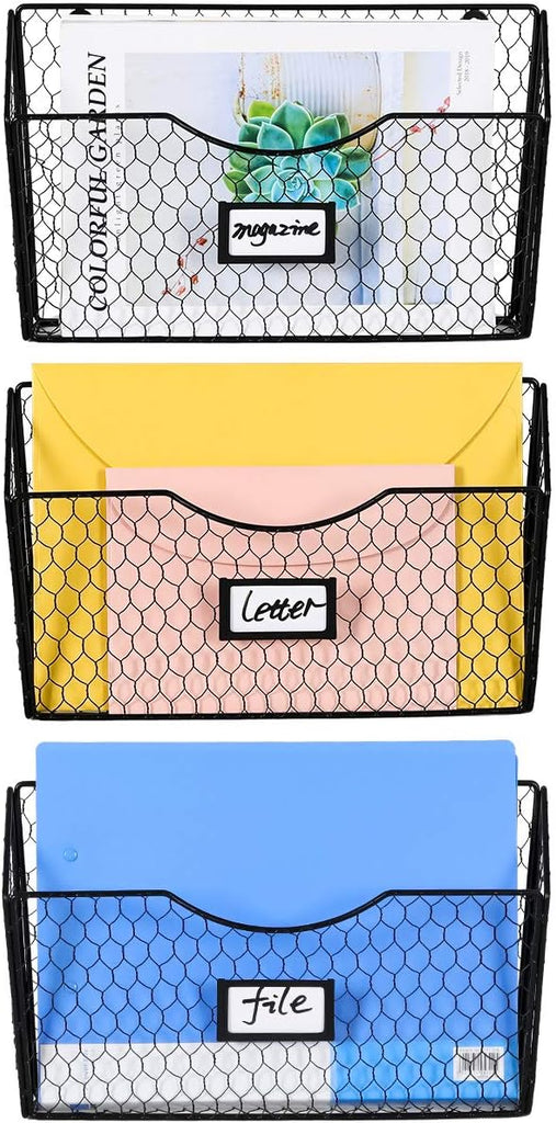 PAG 3 Pockets Hanging File Holder Wall Mount Mail Organizer Metal Chicken Wire Magazine Rack with Tag Slot, Black